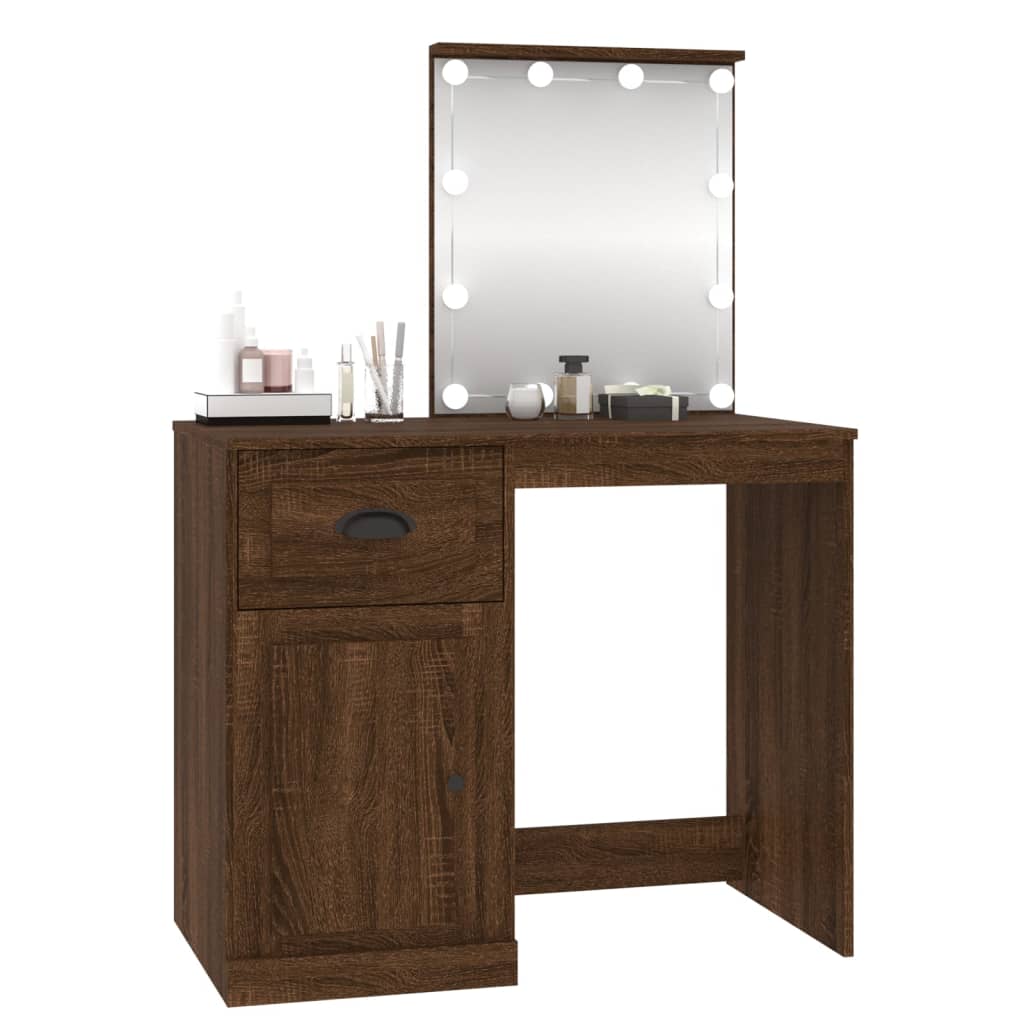 Sminkebord med LED brun eik 90x50x132,5 cm konstruert tre