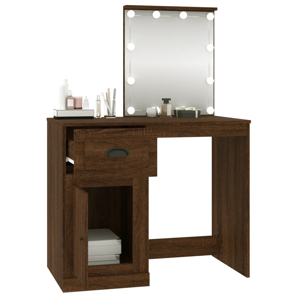 Sminkebord med LED brun eik 90x50x132,5 cm konstruert tre