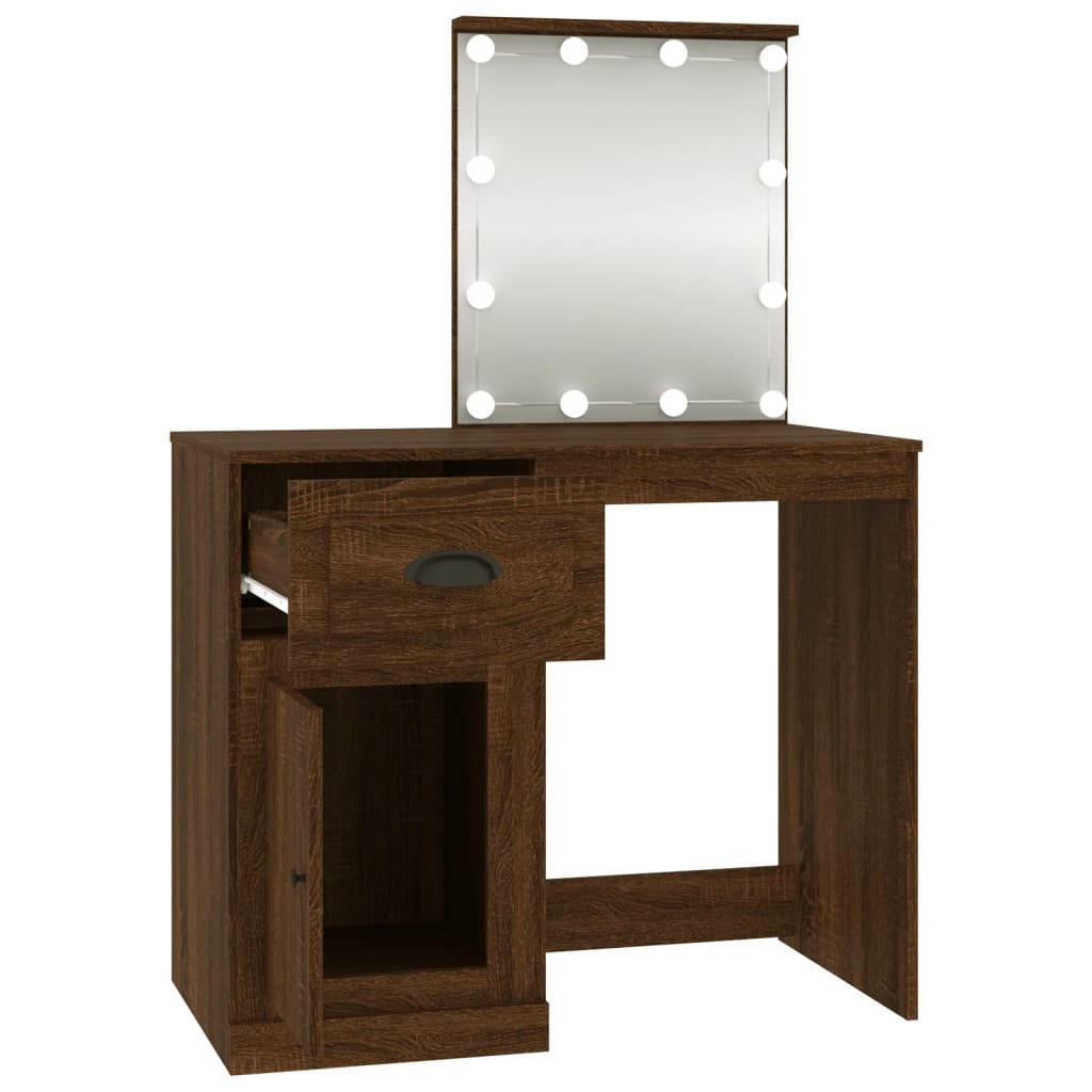 Sminkebord med LED brun eik 90x50x132,5 cm konstruert tre