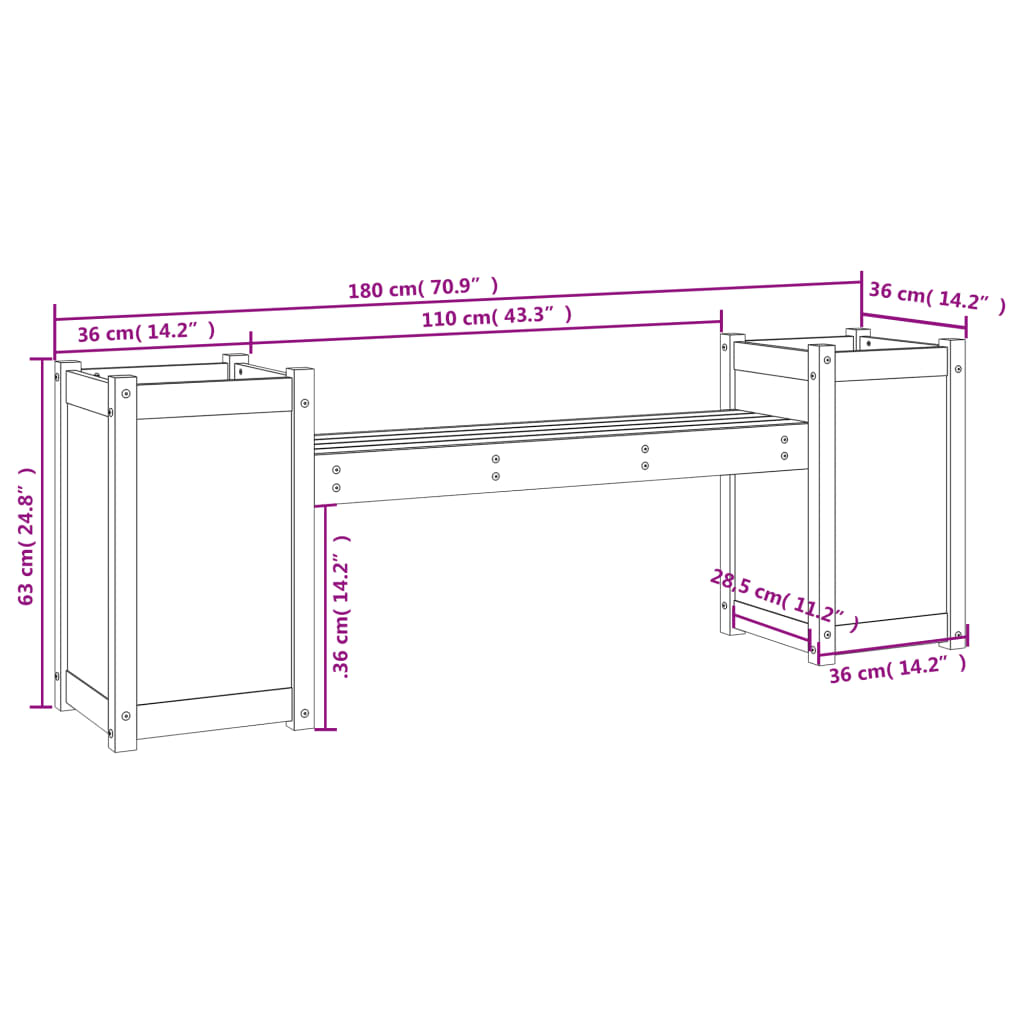 Plantebenk 180x36x63 cm heltre furu