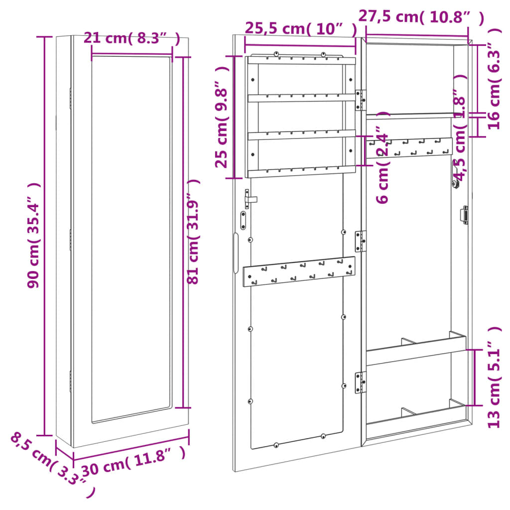 Vegghengt smykkeskap med speil svart 30x8,5x90 cm