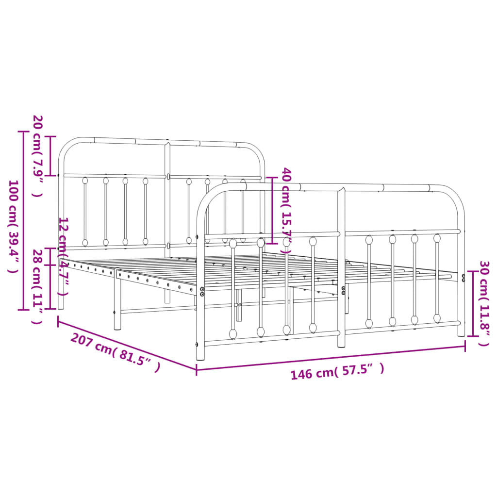 Sengeramme i metall med hode- og fotgavl hvit 140x200 cm