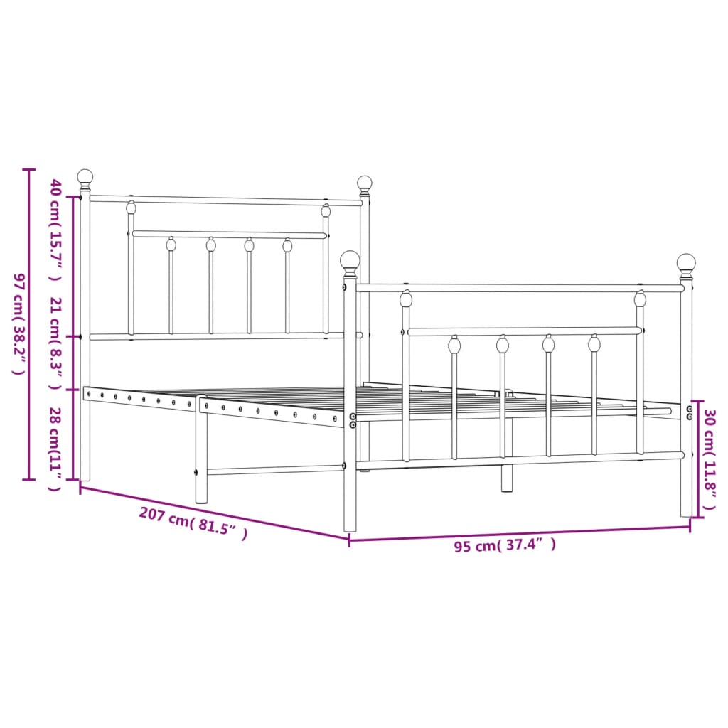 Sengeramme i metall med hode- og fotgavl hvit 90x200 cm