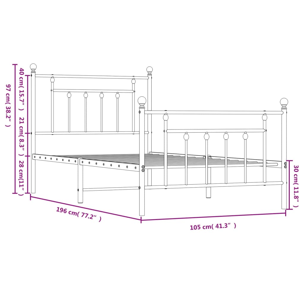 Sengeramme i metall med hode- og fotgavl hvit 100x190 cm