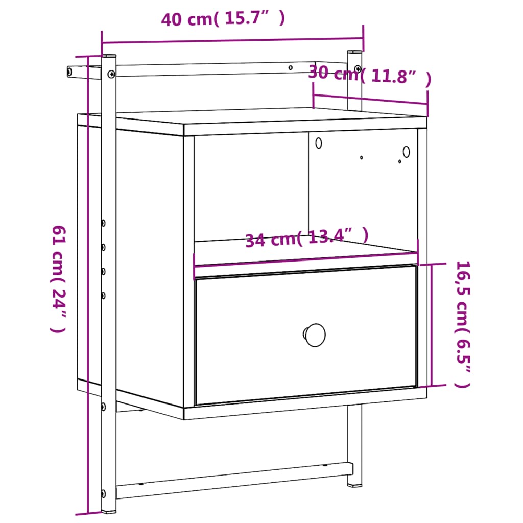 Nattbord veggmontert 2 stk brun eik 40x30x61 cm konstruert tre