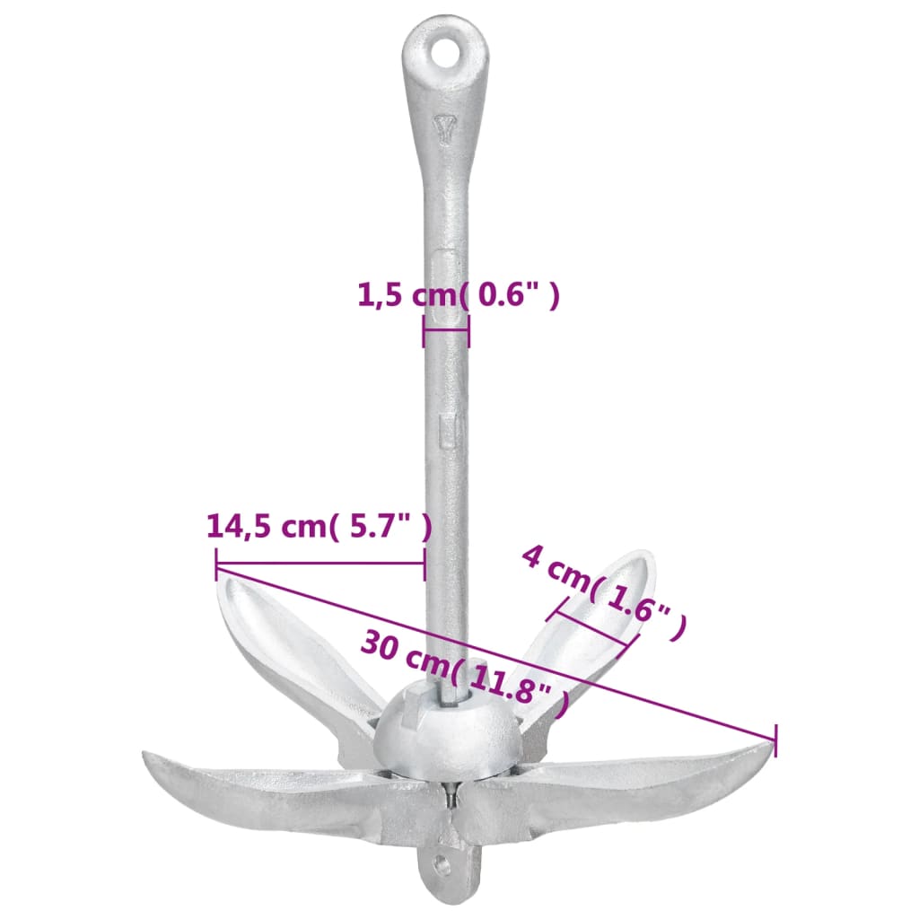 Sammenleggbart anker med tau sølv 1,5 kg smibart jern