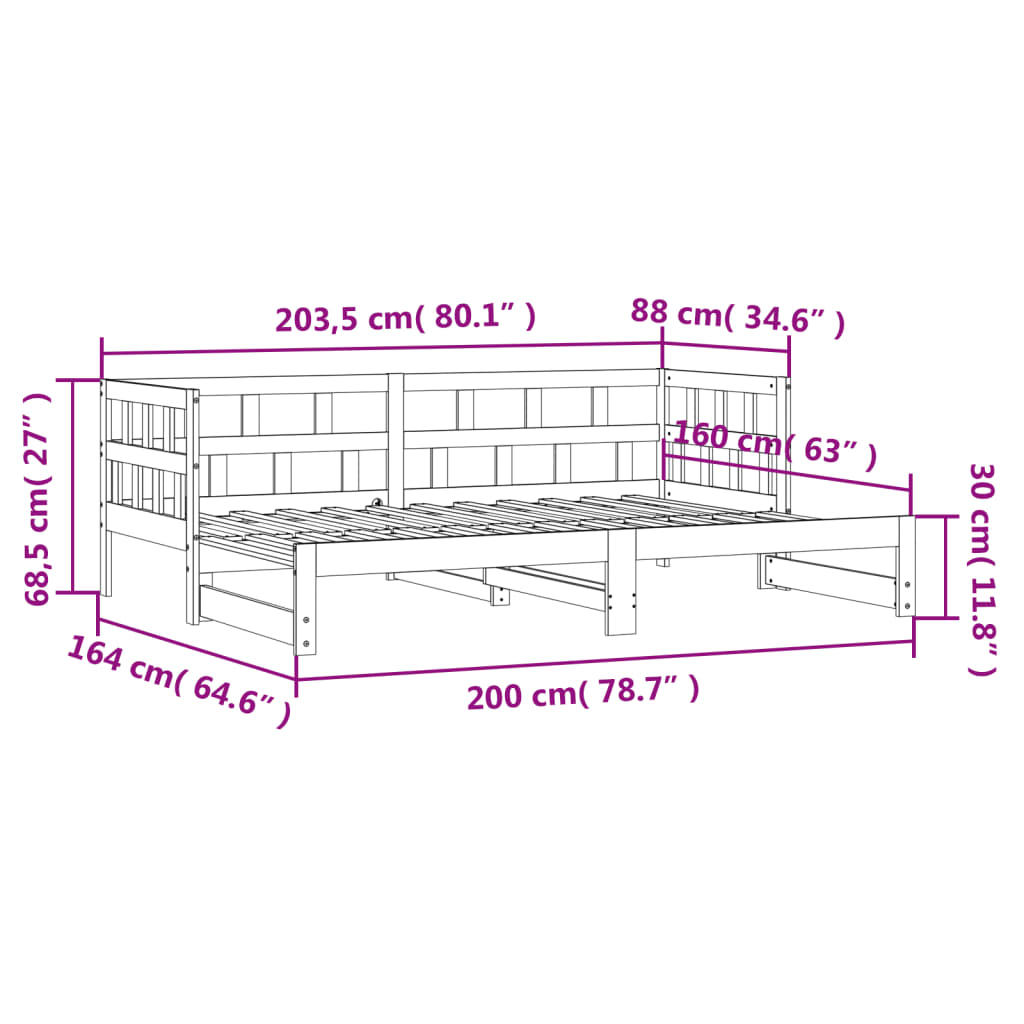 Uttrekkbar dagseng hvit 80x200 cm heltre furu