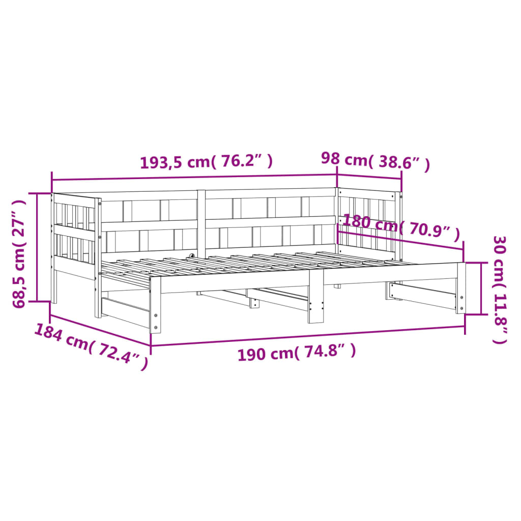 Uttrekkbar dagseng hvit 90x190 cm heltre furu