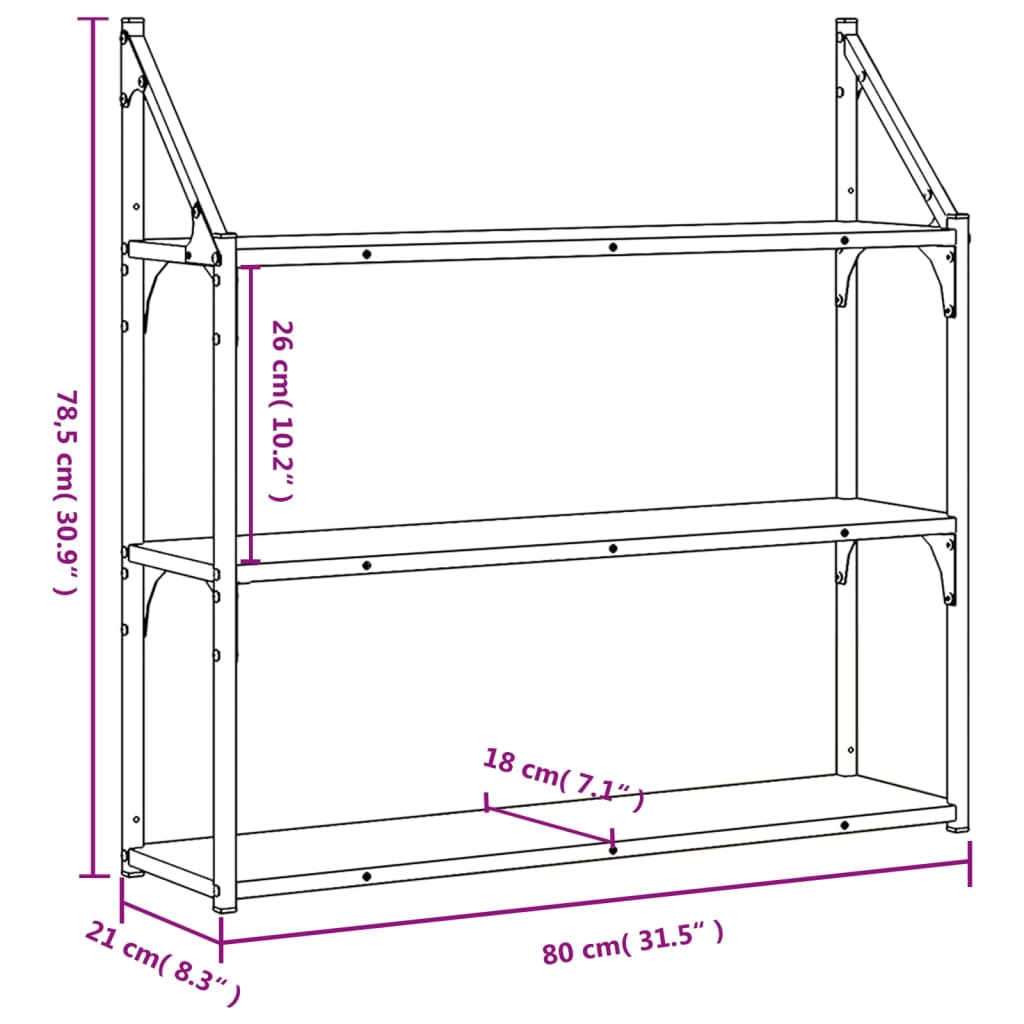 Vegghylle 3 etasjer brun eik 80x21x78,5 cm konstruert tre