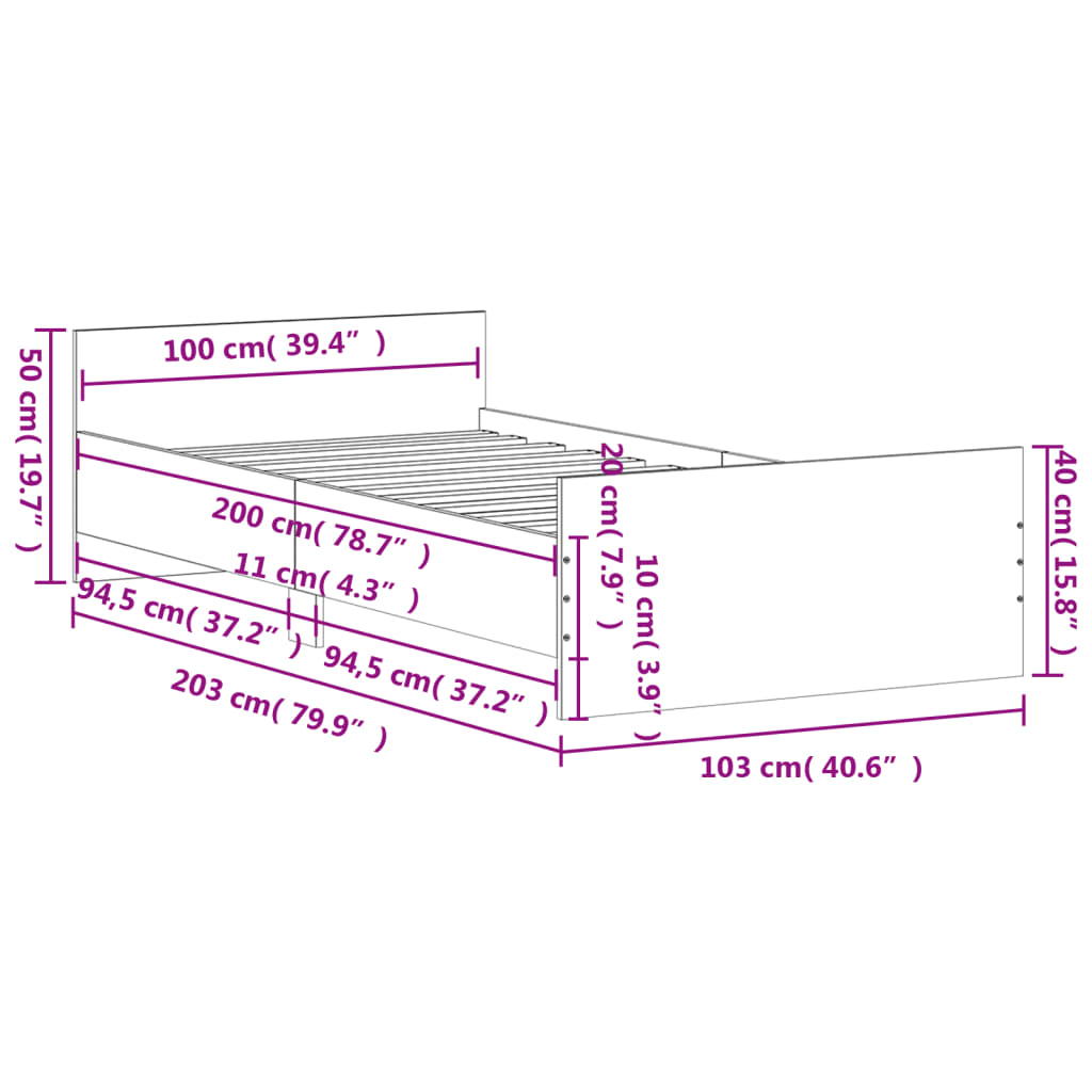Sengeramme uten madrass brun eik 100x200 cm konstruert tre