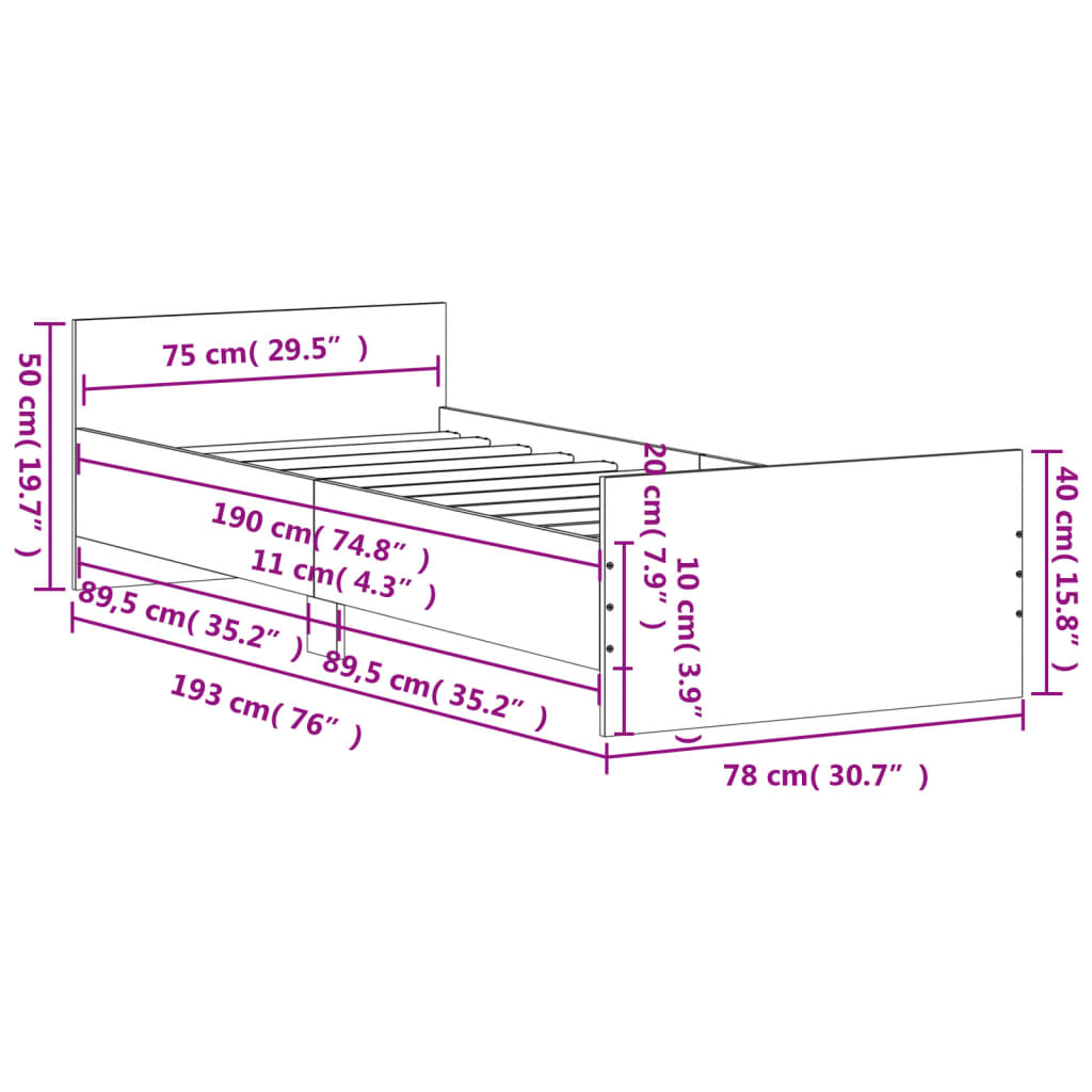 Sengeramme betonggrå 75x190 cm konstruert tre