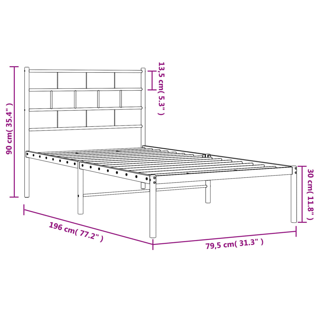 Sengeramme i metall uten madrass med hodegavl hvit 75x190 cm