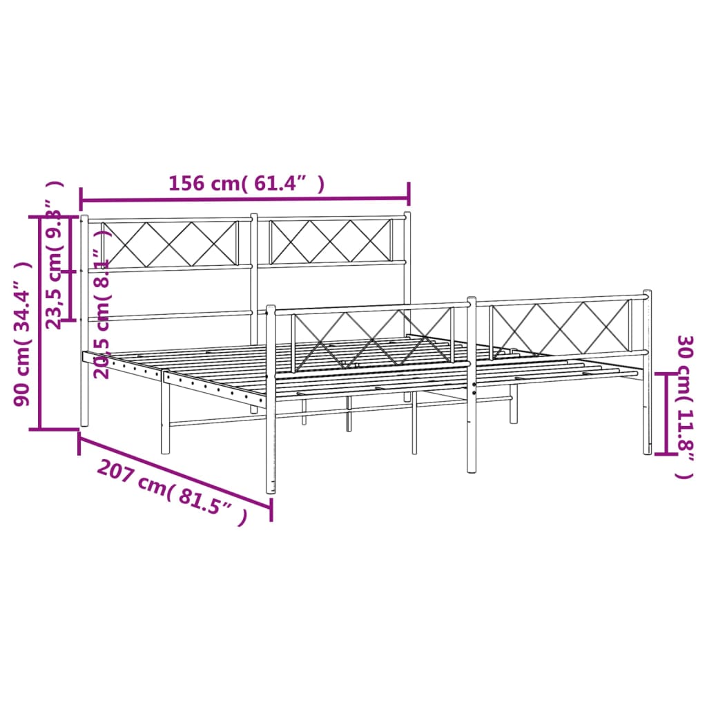 Sengeramme i metall med hode- og fotgavl hvit 150x200 cm