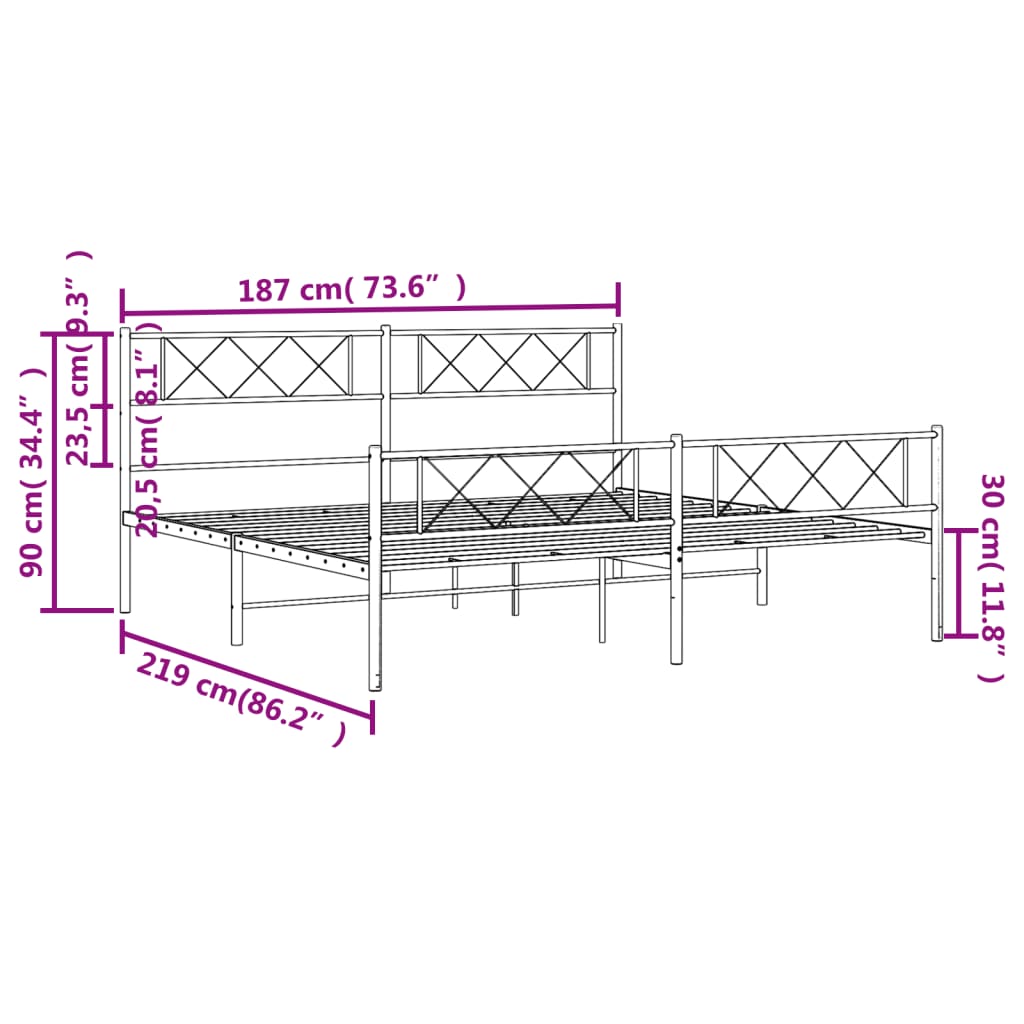 Sengeramme i metall med hode- og fotgavl hvit 183x213 cm