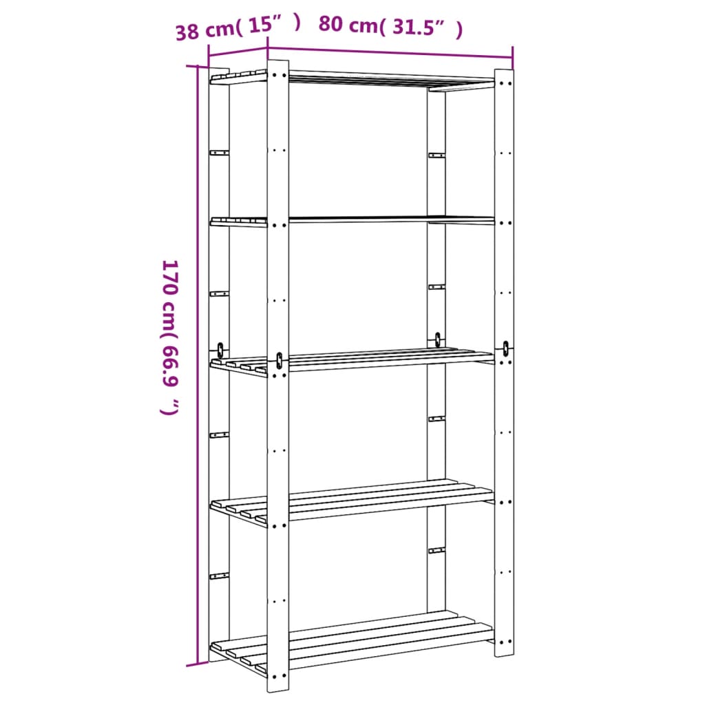 Oppbevaringshylle 5 etasjer brun 80x38x170 cm heltre furu