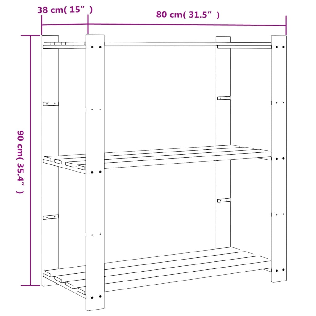 Oppbevaringshylle 3 etasjer brun 80x38x90 cm heltre furu