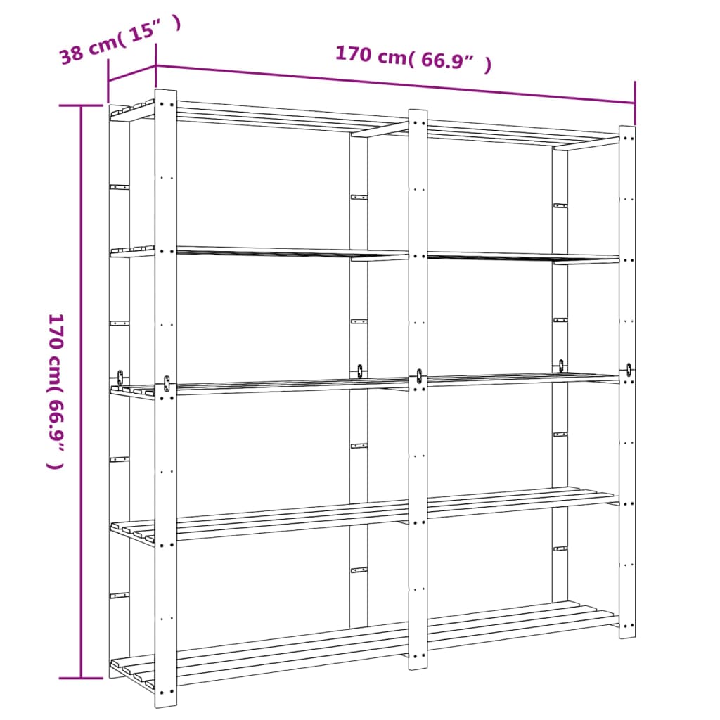 Oppbevaringshylle 5 etasjer svart 170x38x170 cm heltre furu