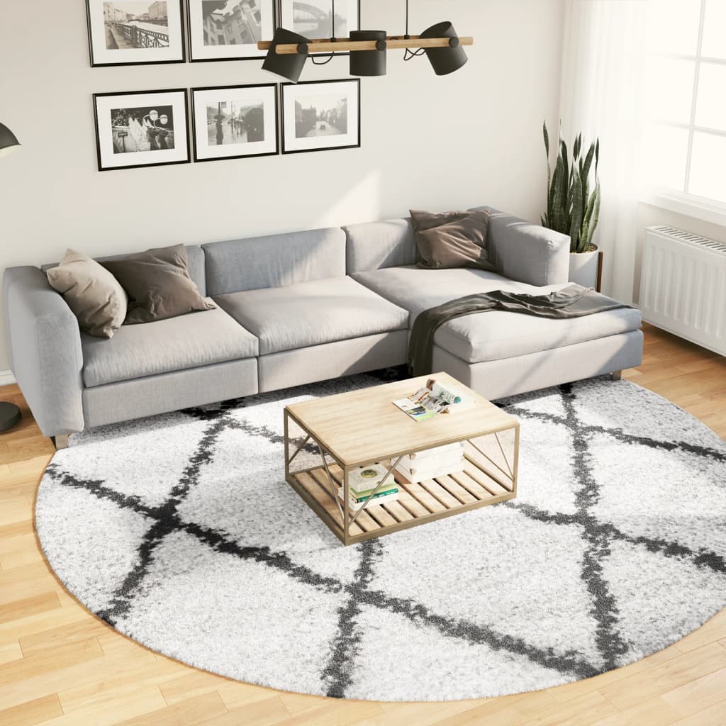 Tykt teppe PAMPLONA høy luv moderne krem og svart Ø280 cm
