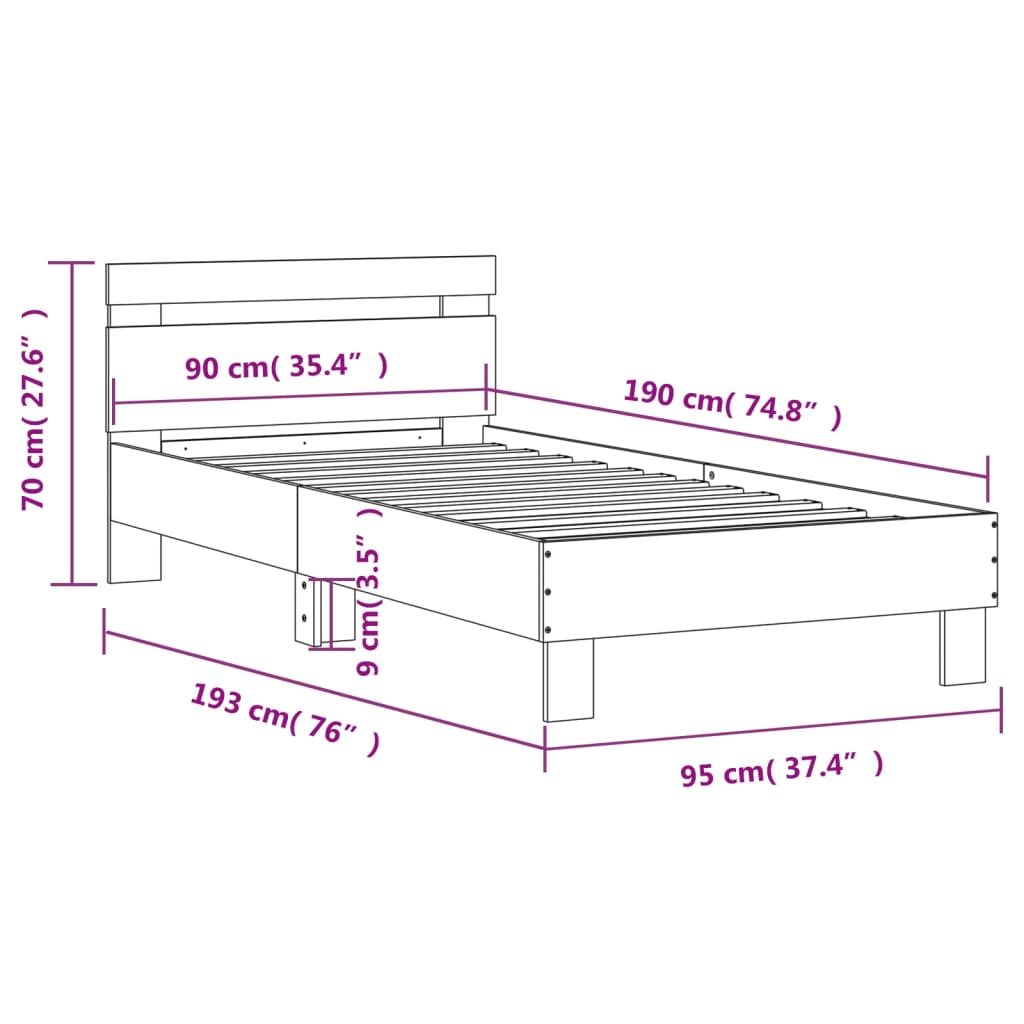 Sengeramme uten madrass med hodegavl sonoma eik 90x190 cm