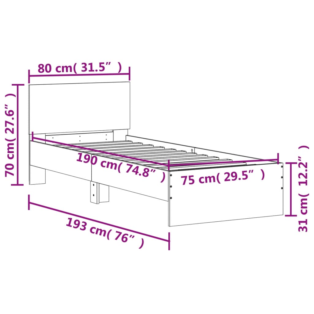 Sengeramme uten madrass med hodegavl sonoma eik 75x190 cm