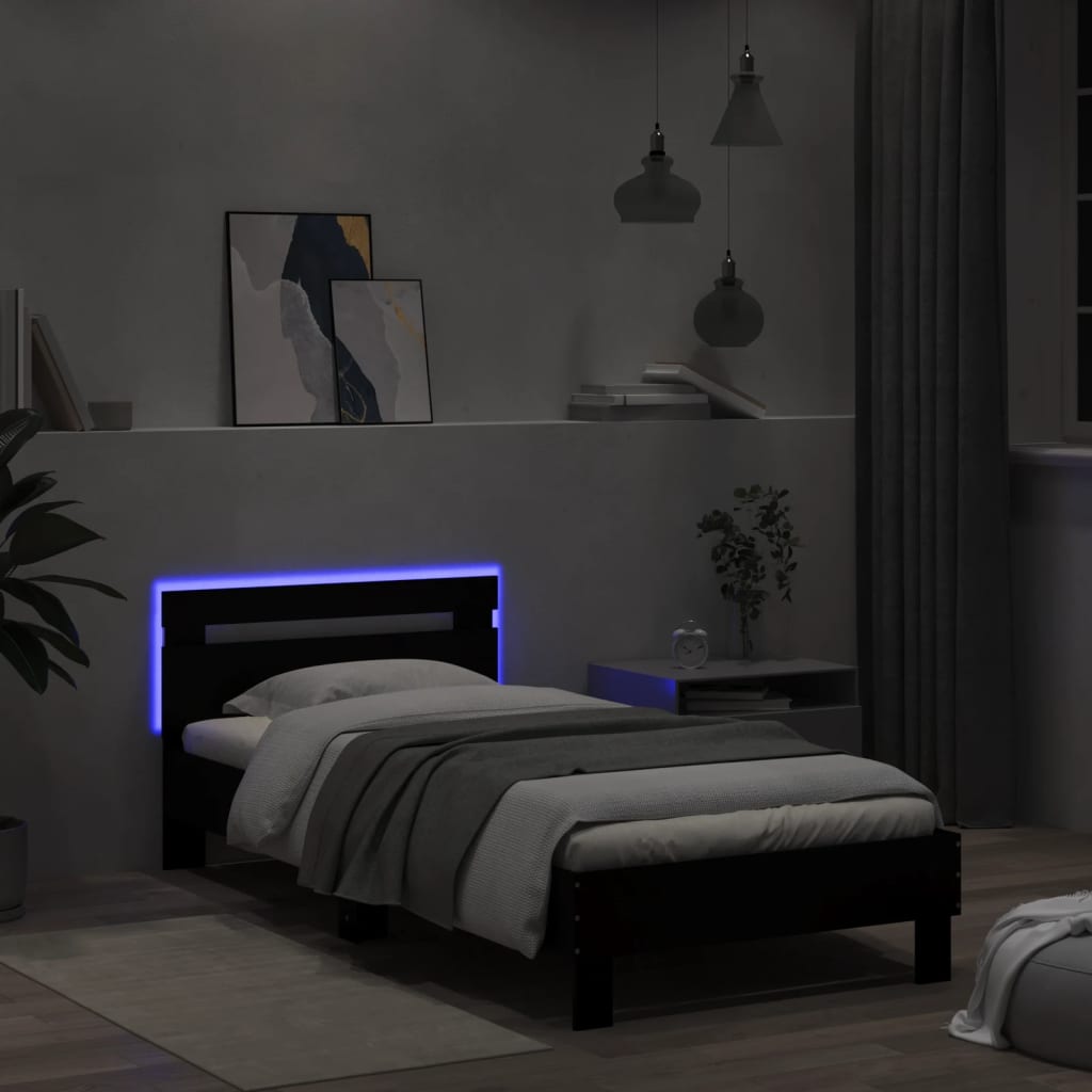 Sengeramme med hodegavl og LED-lys svart 100x200 cm