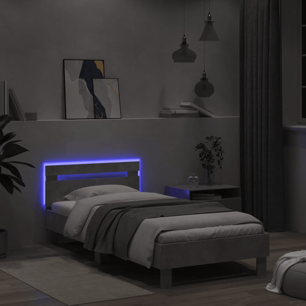 Sengeramme med hodegavl og LED-lys betonggrå 100x200 cm