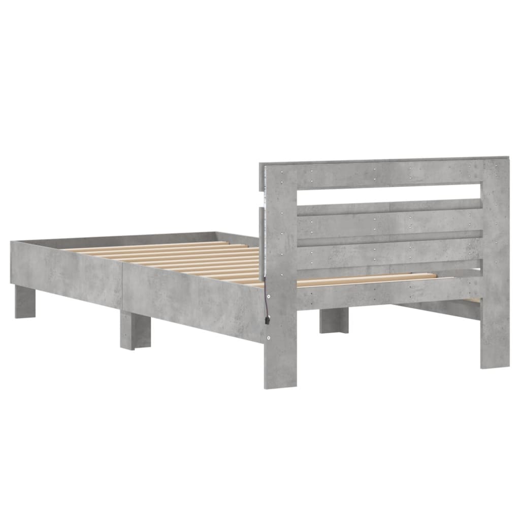 Sengeramme med hodegavl og LED-lys betonggrå 100x200 cm