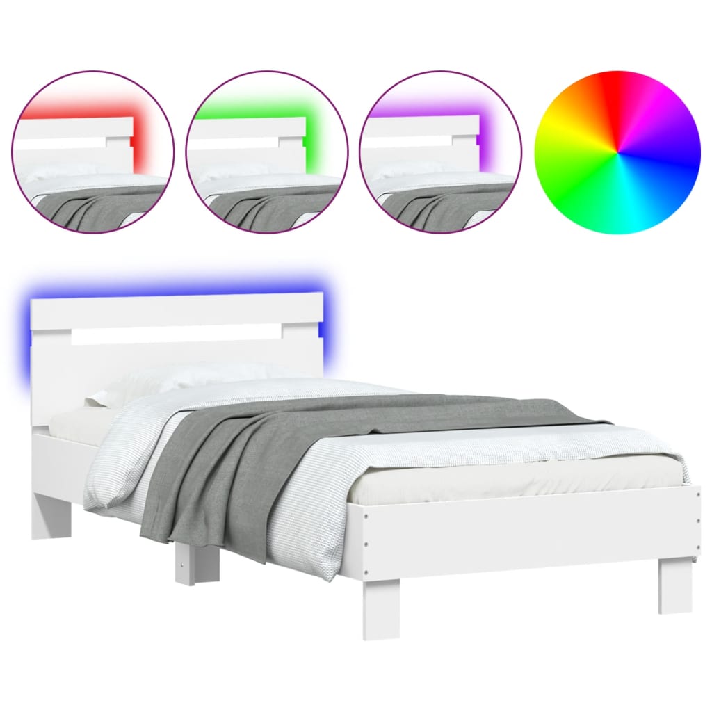 Sengeramme med hodegavl og LED-lys hvit 90x200 cm