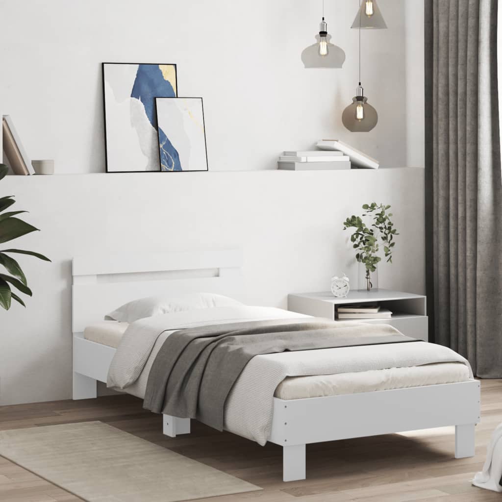 Sengeramme med hodegavl og LED-lys hvit 90x200 cm
