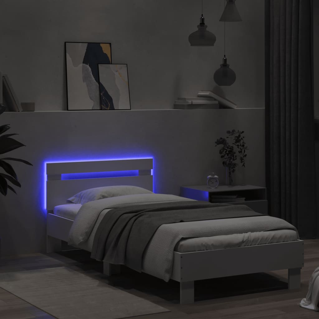Sengeramme med hodegavl og LED-lys hvit 90x200 cm