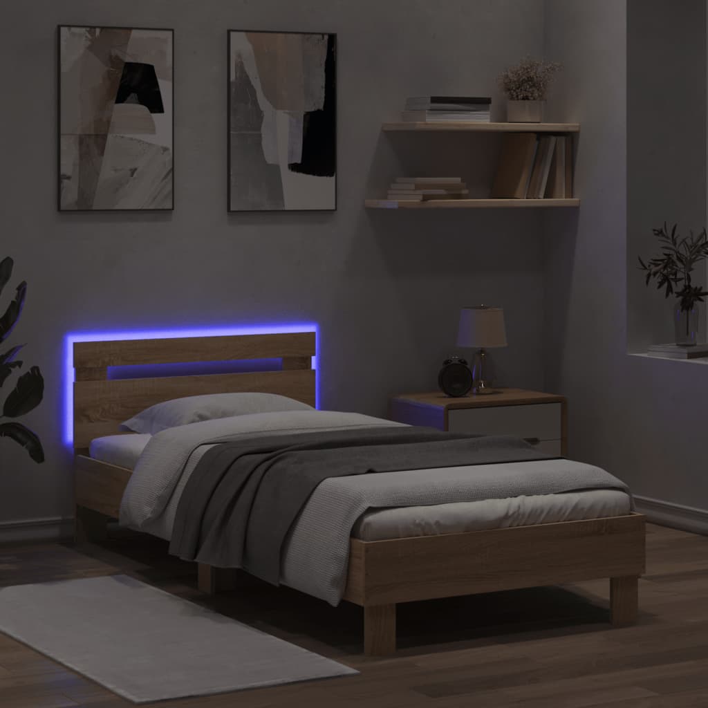 Sengeramme med hodegavl og LED-lys sonoma eik 90x200 cm
