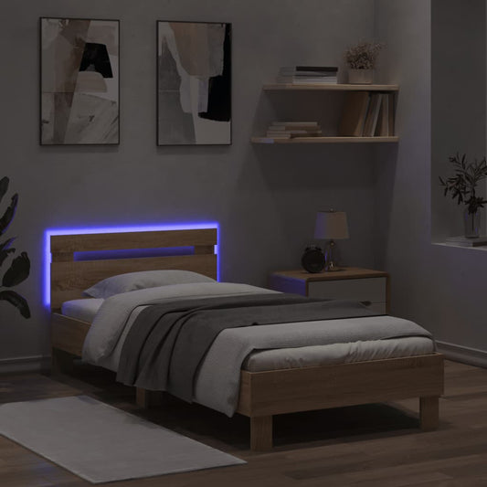 Sengeramme med hodegavl og LED-lys sonoma eik 90x200 cm