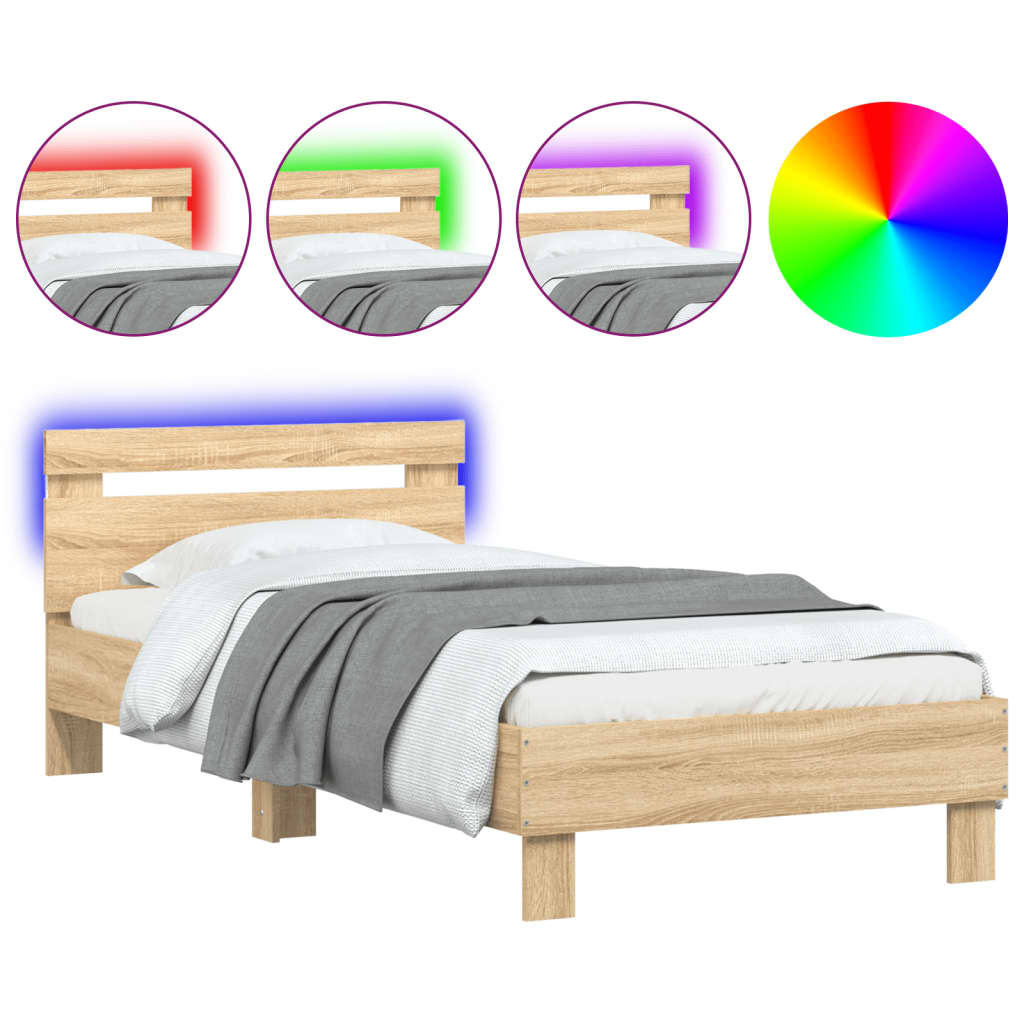 Sengeramme med hodegavl og LED-lys sonoma eik 90x190 cm