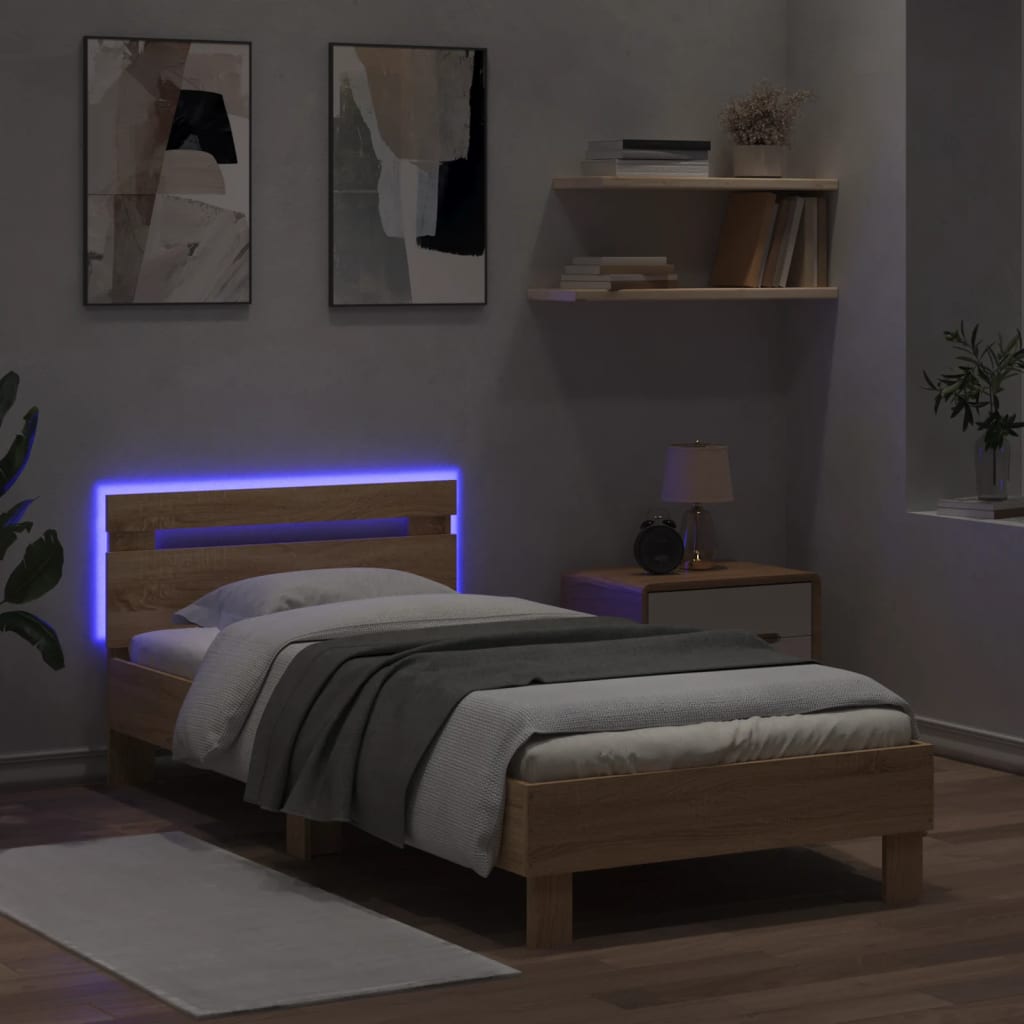 Sengeramme med hodegavl og LED-lys sonoma eik 90x190 cm