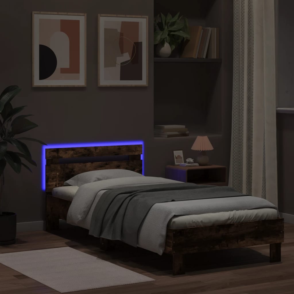 Sengeramme med hodegavl og LED-lys røkt eik 90x190 cm