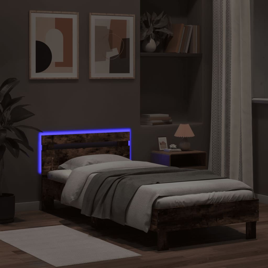 Sengeramme med hodegavl og LED-lys røkt eik 75x190 cm