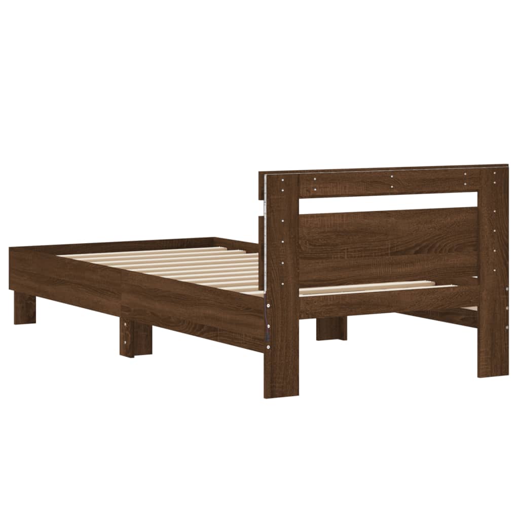Sengeramme med hodegavl og LED-lys brun eik 75x190 cm