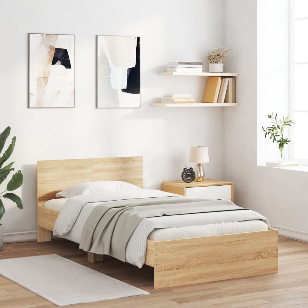 Sengeramme med hodegavl og LED-lys sonoma eik 100x200 cm