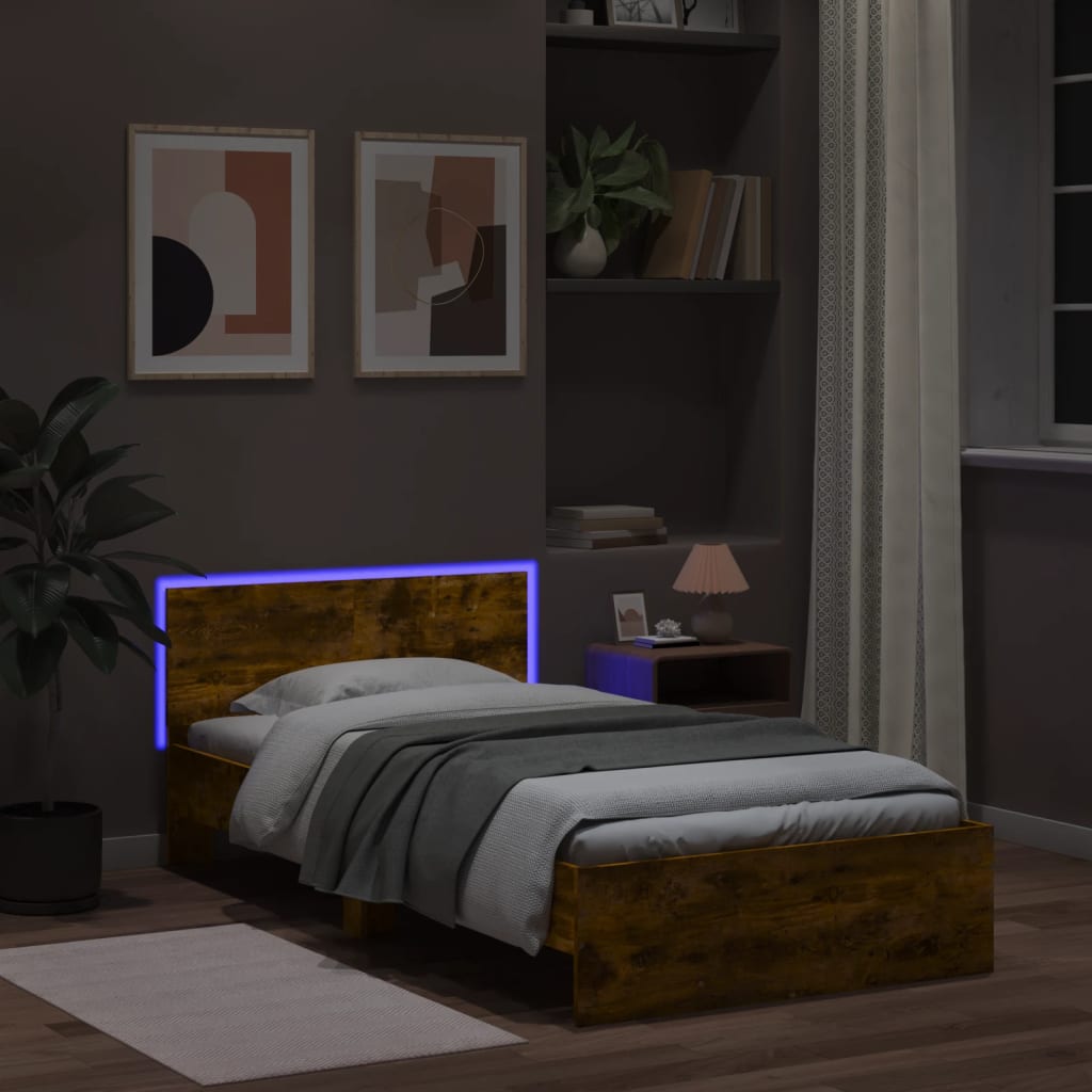 Sengeramme med hodegavl og LED-lys røkt eik 100x200 cm