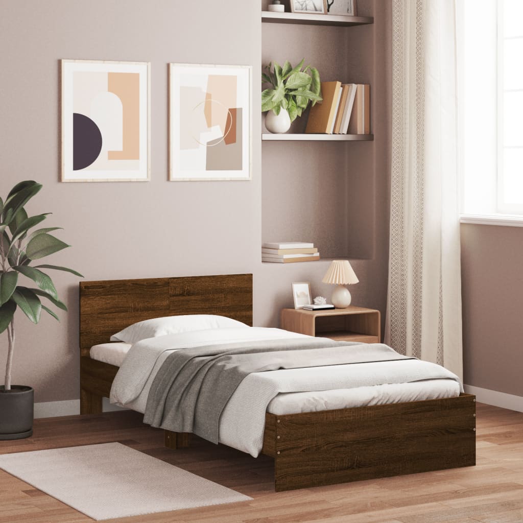 Sengeramme med hodegavl og LED-lys brun eik 100x200 cm