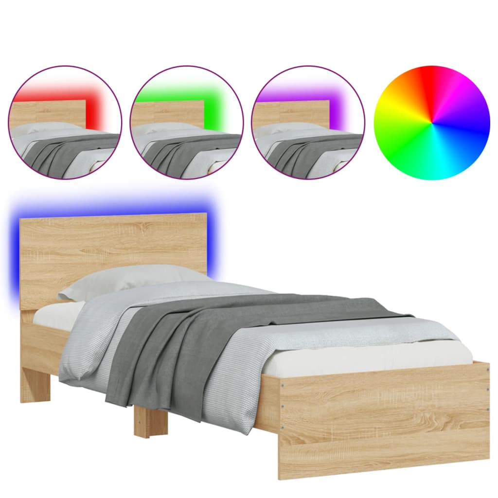 Sengeramme med hodegavl og LED-lys sonoma eik 90x200 cm