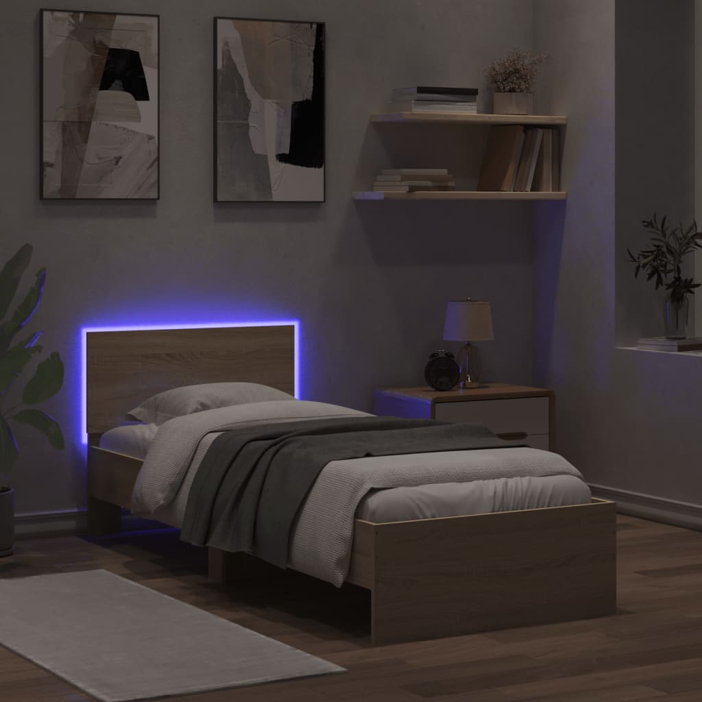 Sengeramme med hodegavl og LED-lys sonoma eik 90x200 cm