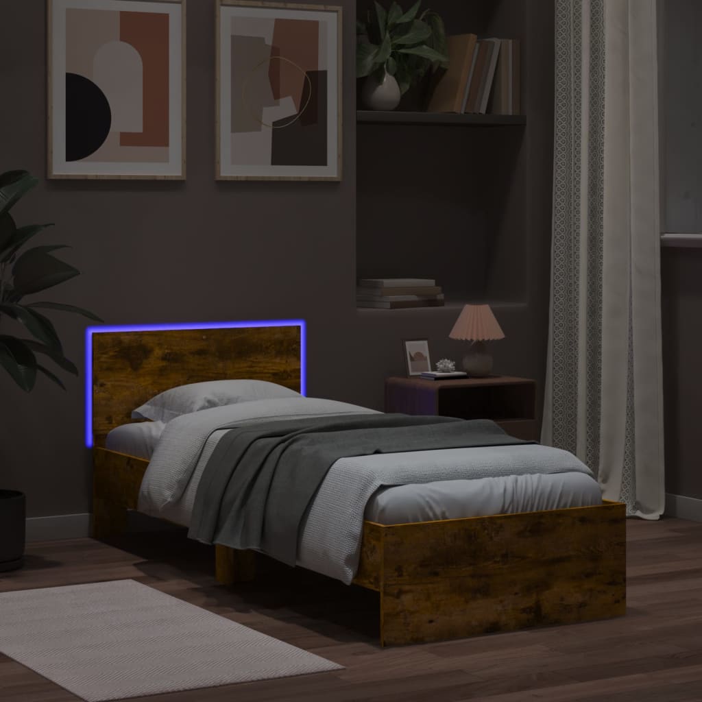 Sengeramme med hodegavl og LED-lys røkt eik 90x200 cm