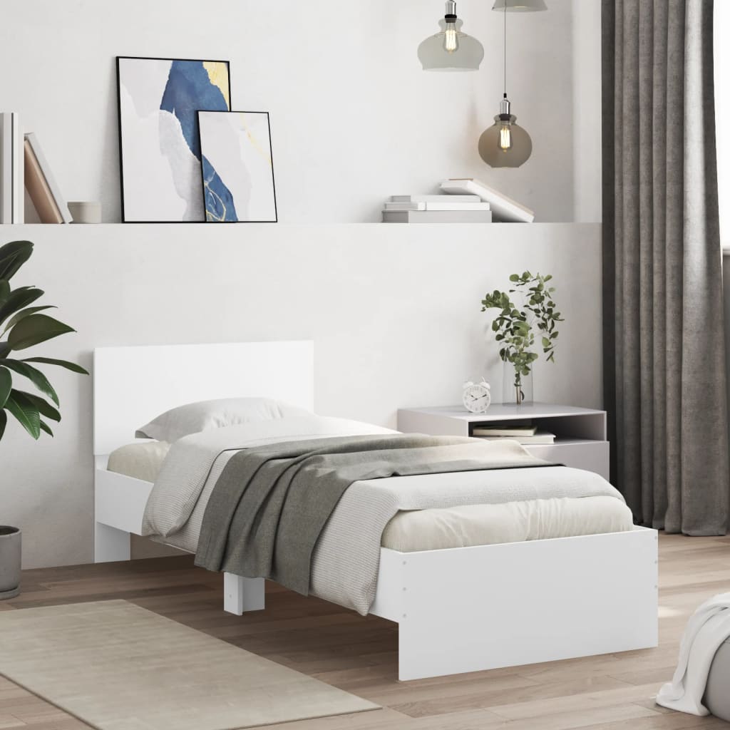 Sengeramme med hodegavl og LED-lys hvit 90x190 cm