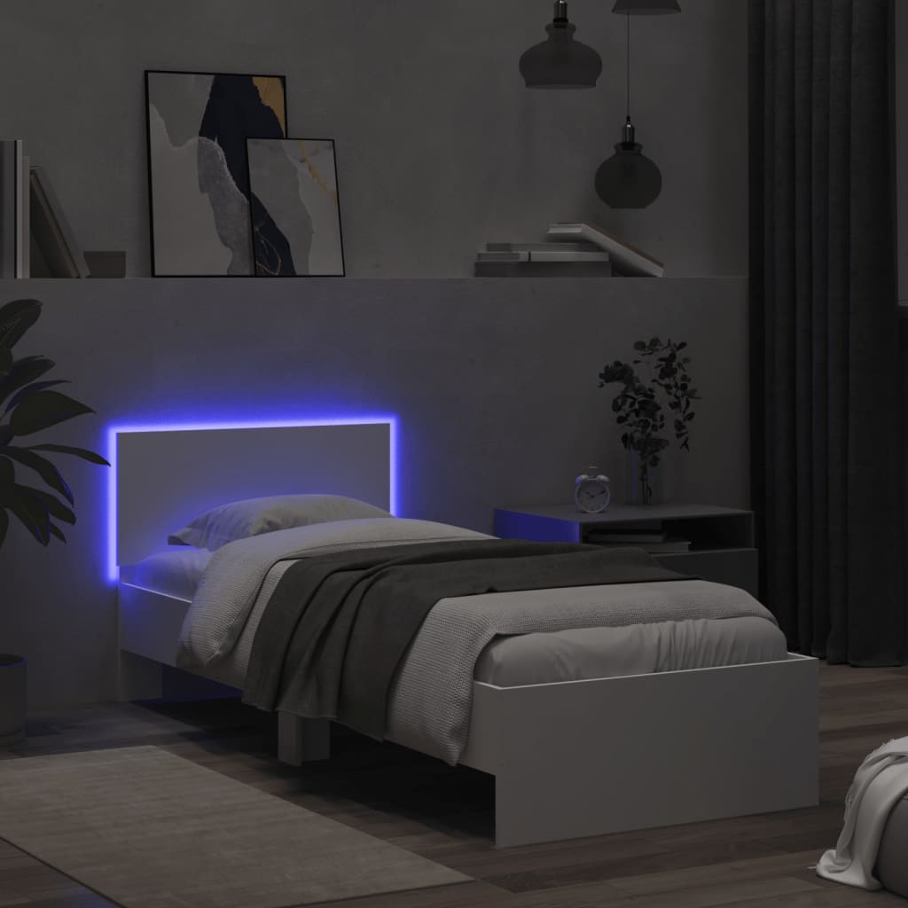 Sengeramme med hodegavl og LED-lys hvit 75x190 cm