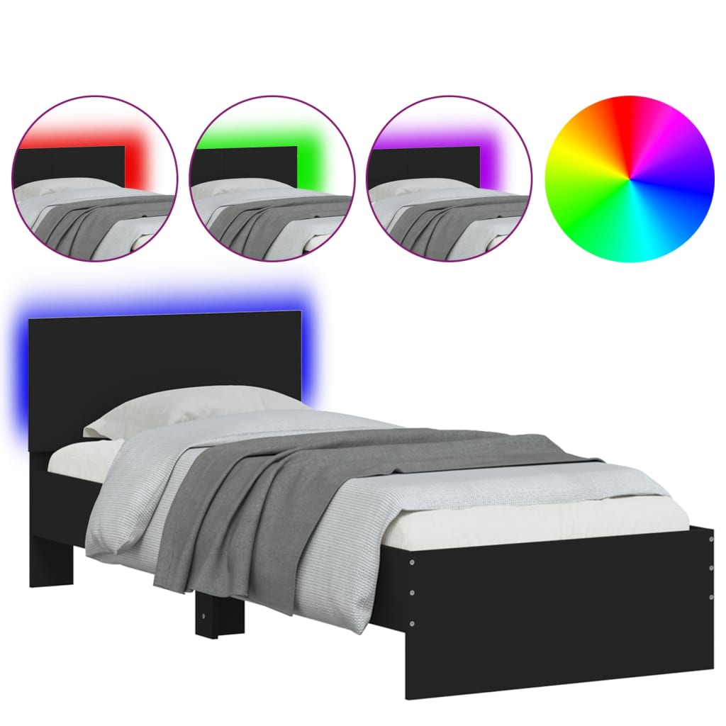 Sengeramme med hodegavl og LED-lys svart 75x190 cm