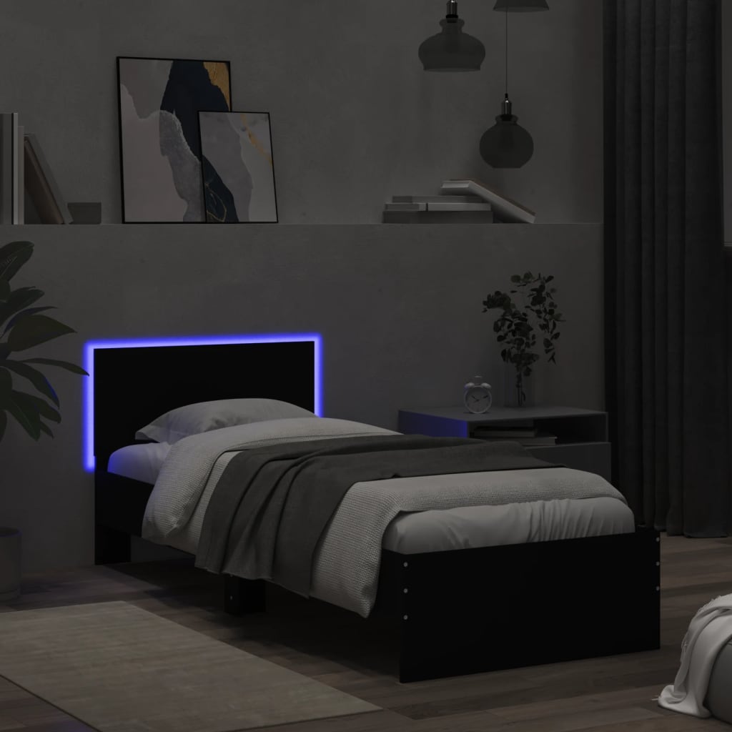 Sengeramme med hodegavl og LED-lys svart 75x190 cm