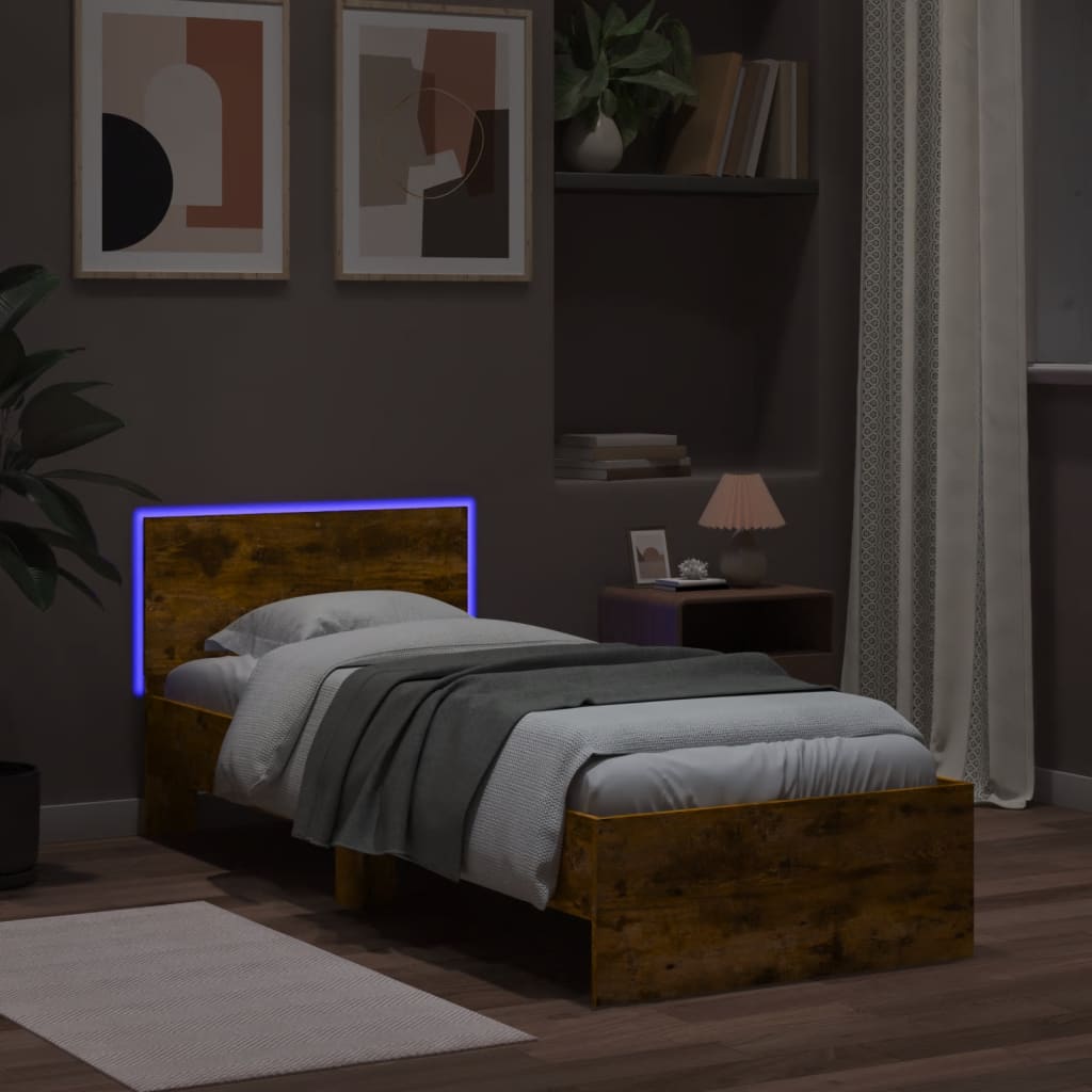 Sengeramme med hodegavl og LED-lys røkt eik 75x190 cm