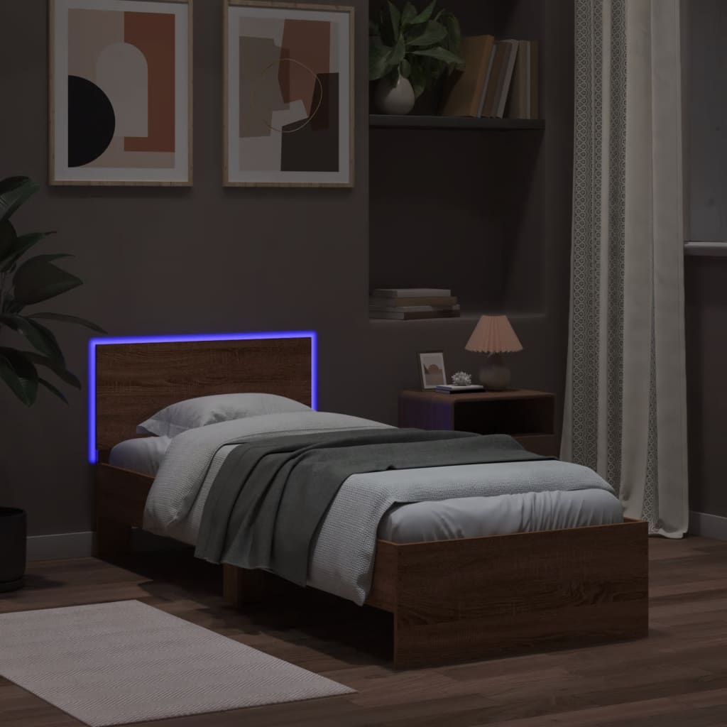 Sengeramme med hodegavl og LED-lys brun eik 75x190 cm