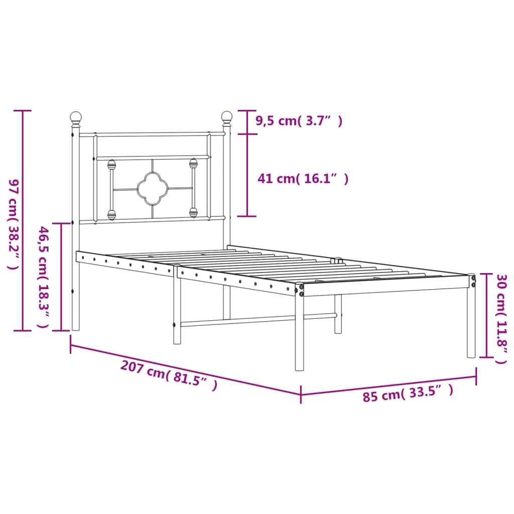 Sengeramme i metall med hodegavl svart 80x200 cm